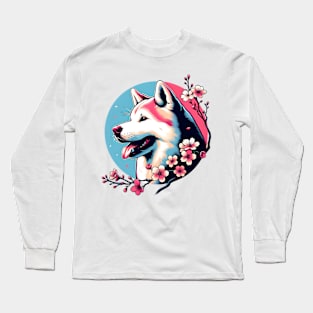 Joyful Japanese Akitainu Amidst Spring Cherry Blossoms Long Sleeve T-Shirt